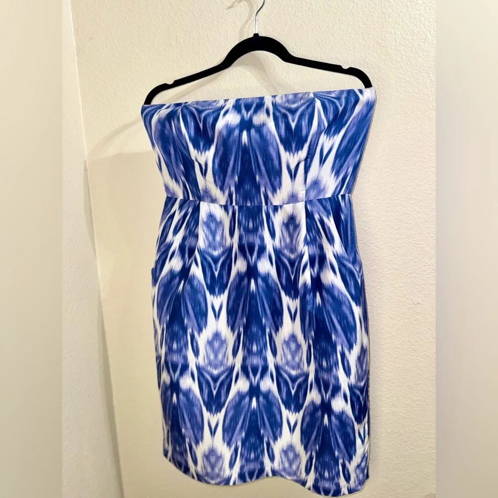 J.Crew Silk Ikat Strapless Mini Dress‎ Blue White Coastal Chic Boho-Small